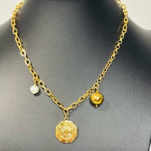 MAYAMAR 24K Gold Plated Chain Necklace with Cultural Pearl charm. New